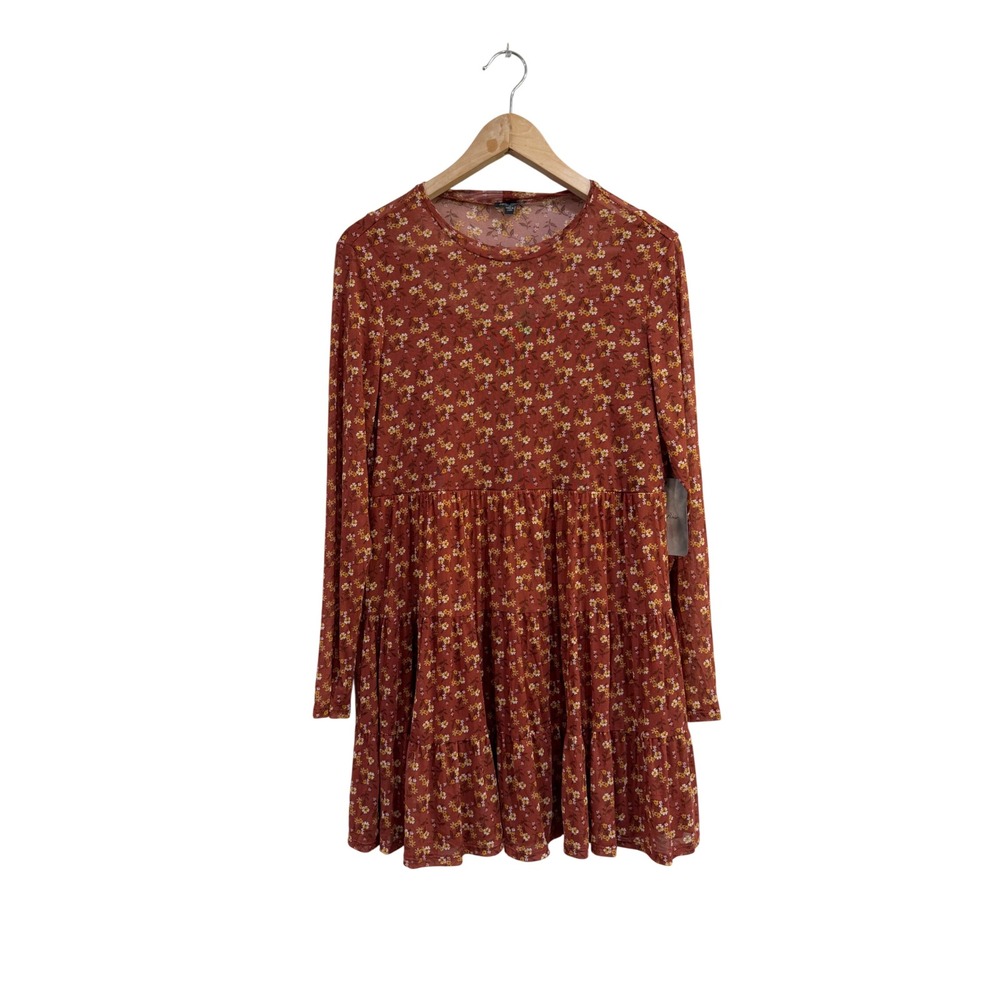 Lily Rose Rust Floral Mesh Tiered Babydoll Mini Dress Long Sleeve Medium NWT